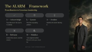 Web hero: The ALARM Framework title with six step cards on the left and a man in a gray coat against a stormy sky on the right.