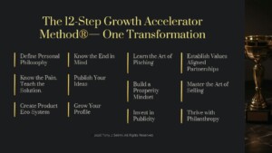 Dark slide advertising a 12-step Growth Accelerator with 12 columned steps and a trophy on the right, highlighting transformation and success themes.