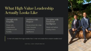 Hero section: dark layout with title 'What High-Value Leadership Actually Looks Like' and three trait cards; right side shows two men in suits outdoors.