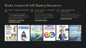 Header for Books, Courses & Self-Mastery Resources with three categories and six book covers shown below.