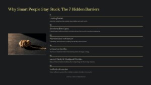 Dark webpage header reading 'Why Smart People Stay Stuck: The 7 Hidden Barriers' with a close-up rope knot on a dark surface to the left, symbolizing obstacles.