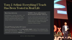 Web hero: title 'Tony J. Selimi: Everything I Teach Has Been Tested in Real Life' with dark left panel text blocks and a speaker on stage on the right.