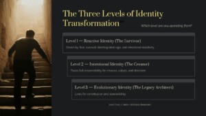 Man ascending sunlit stone stairs on the left, beside a dark webpage header titled 'The Three Levels of Identity Transformation' with three identity level panels (Levels 1–3).