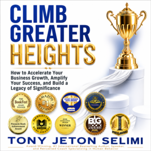 Book cover promoting 'Climb Greater Heights' with a gold trophy and medal ribbons, suggesting achievement and success.