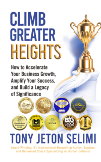 Book cover for Climb Greater Heights featuring a golden trophy and many award medals with a bold blue and gold title and subtitle text.