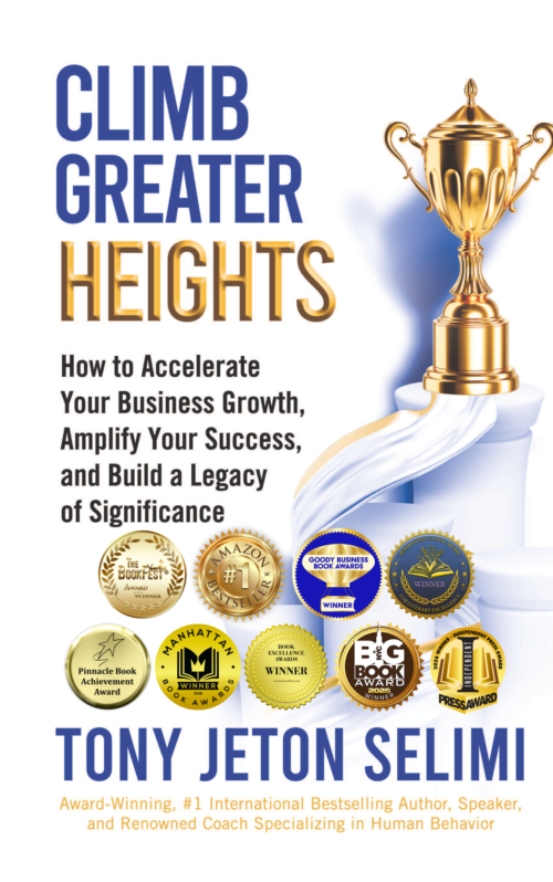 Book cover for Climb Greater Heights featuring a golden trophy and many award medals with a bold blue and gold title and subtitle text.