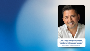 Tony J Selimi offers private tailored strategic advisory and transformational coaching for CEOs founders business owners and leadership teams | Tony J. Selimi Smiling man in a white shirt on a dark background, overlaid by a white rounded text card on a blue gradient hero.